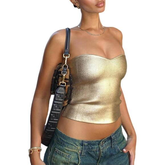 Tops - Women’s Metallic Silver Tube Top Strapless Crop Top Sexy Rave Festival Wear